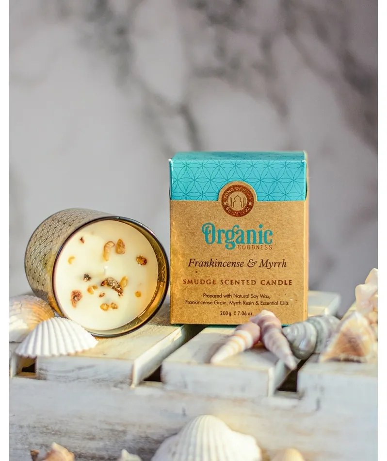 Organická vykurovacia sviečka Frankincense & Myrrh 200 g v skle so zlatou fóliou