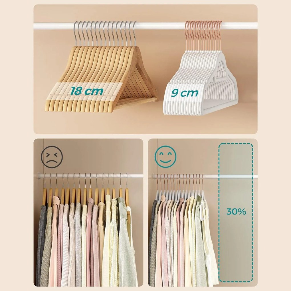 Zamatové vešiaky, sada 30 ks, s rose gold háčikmi, farba biela