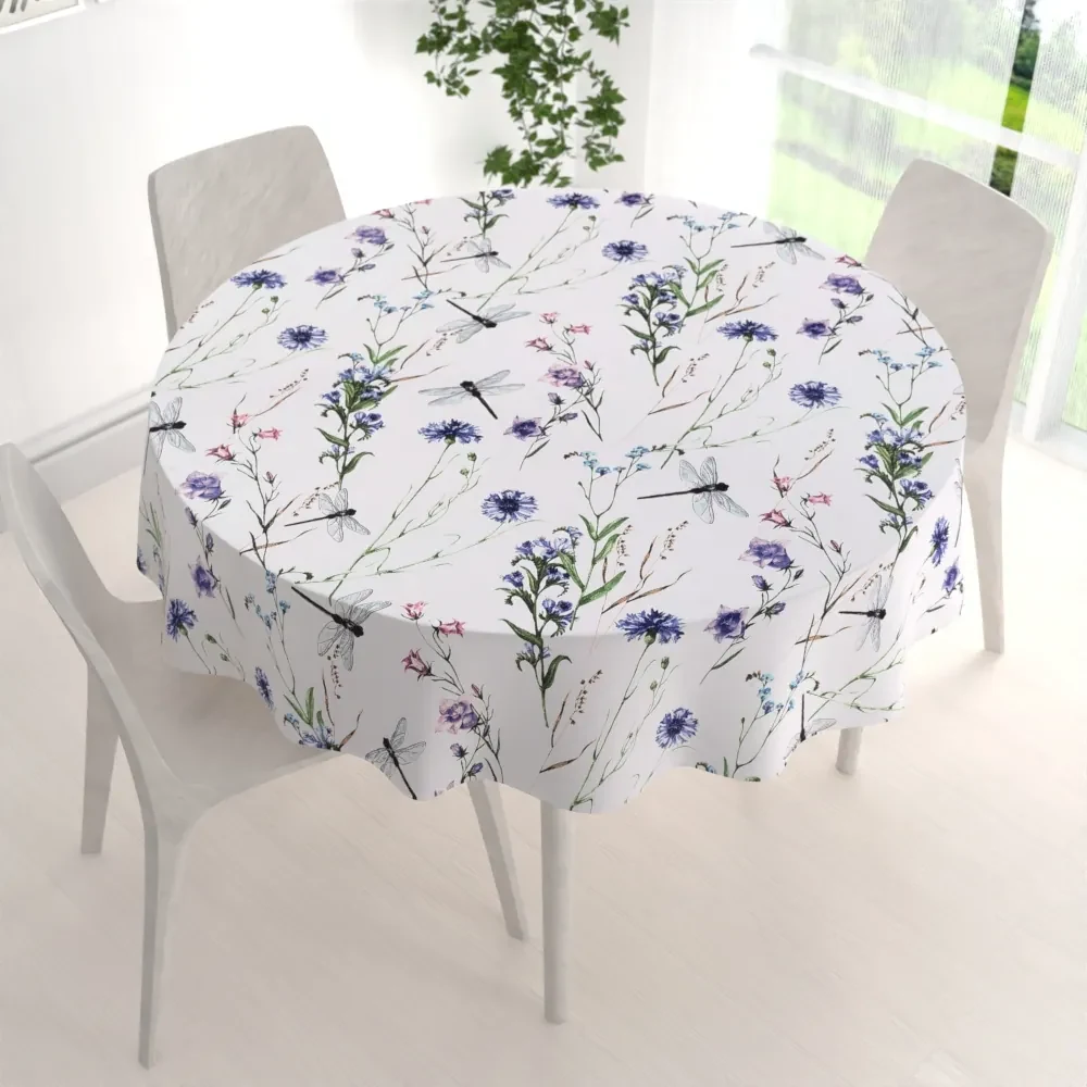 Biante Bavlnený okrúhly obrus Sandra SA-429 Lúčne kvietky s vážkami Ø 110 cm