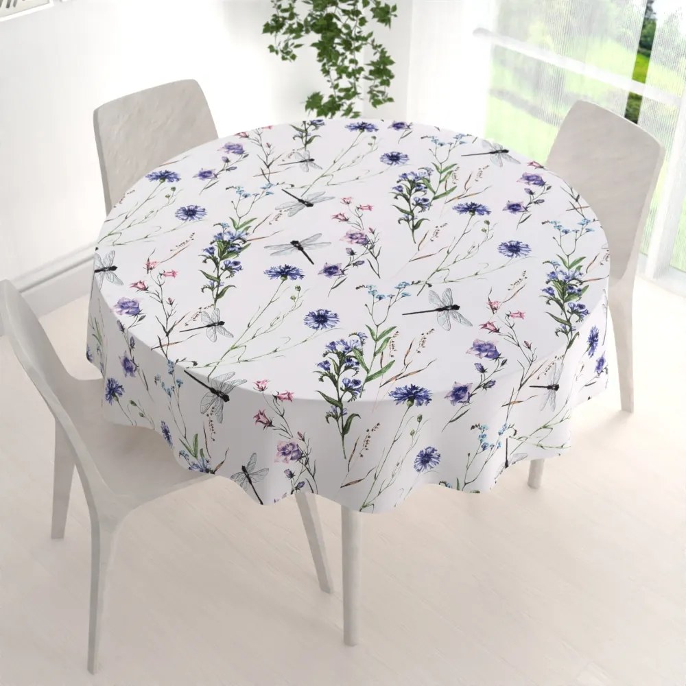 Biante Bavlnený okrúhly obrus Sandra SA-429 Lúčne kvietky s vážkami Ø 40 cm