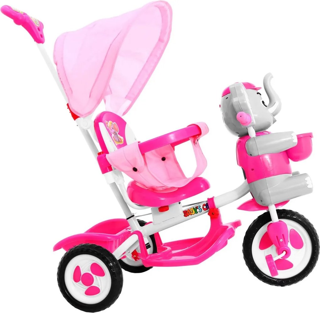 Ramiz Detský trojkolesový bicykel Elephant Ružová + zvuky + strieška + zábrana + opierka na nohy + rukoväť + úložný priestor