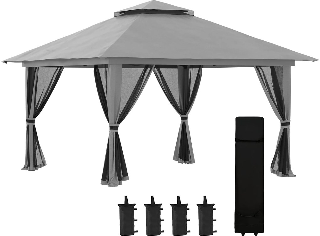 Outsunny Pavilón 4x4m Stabilný Zimný Pop-up Záhradný Pavilón s Dvojitou Strechou, UV Ochrana 50+ Svadobný Stan s 4 Bočnými Stenami a Pieskovými Taškam
