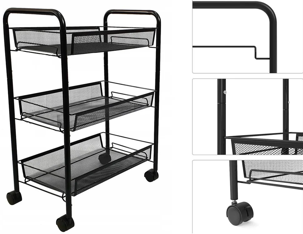 VERK GROUP Mobilný kovový regál s kolieskami, 3 police, čierny kov SHELF