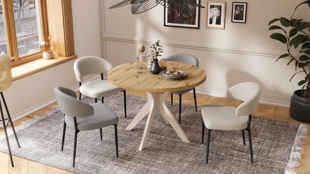 RENZO Dub Artisan/béžová noha (šampanské) - OKRÚHLY STÔL Ø110 ROZKLADACÍ DO 180 cm | DO KUCHYNE JEDÁLNE OBÝVAČKY RETRO