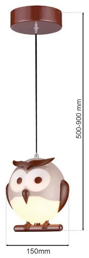Detské závesné svietidlo Owl, 1x hnedé plastové tienidlo, br