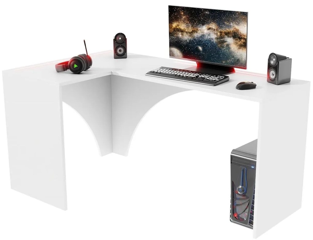 Rohový LED PC stolík Uhlominn (biela). Akcia -21%. Vlastná spoľahlivá doprava až k Vám domov. 1092073