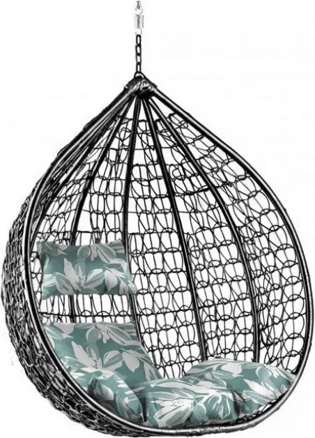 Čierne závesné kreslo KOKON bez stojana, zeleno-biely vankúš