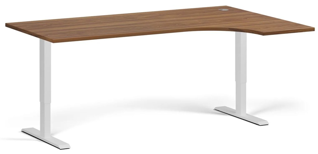 Rohový výškovo nastaviteľný stôl, 180x120 cm, 1 motor, L/P, biela podnož, orech