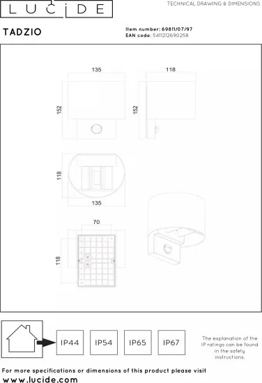 Lucide 69811/07/97-LED Vonkajšie svietidlo s pohybovým senzorom TADZIO LED/7W/230V IP65