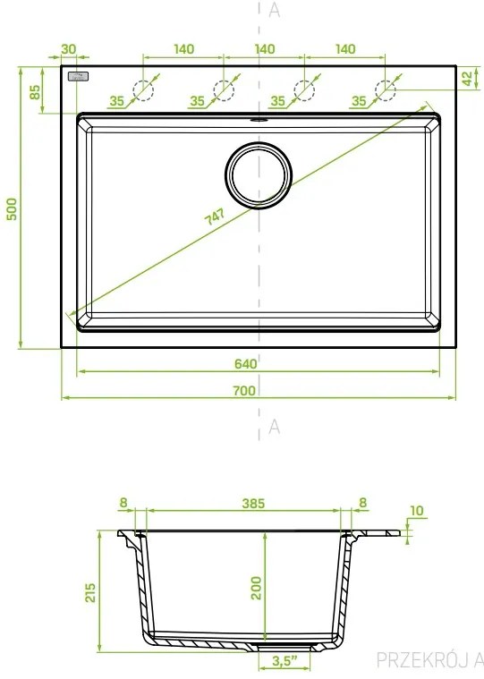 Laveo Tau, 1-komorový granitový drez 700x500x215 mm, čierna škvrnitá, LAV-SBT_7107