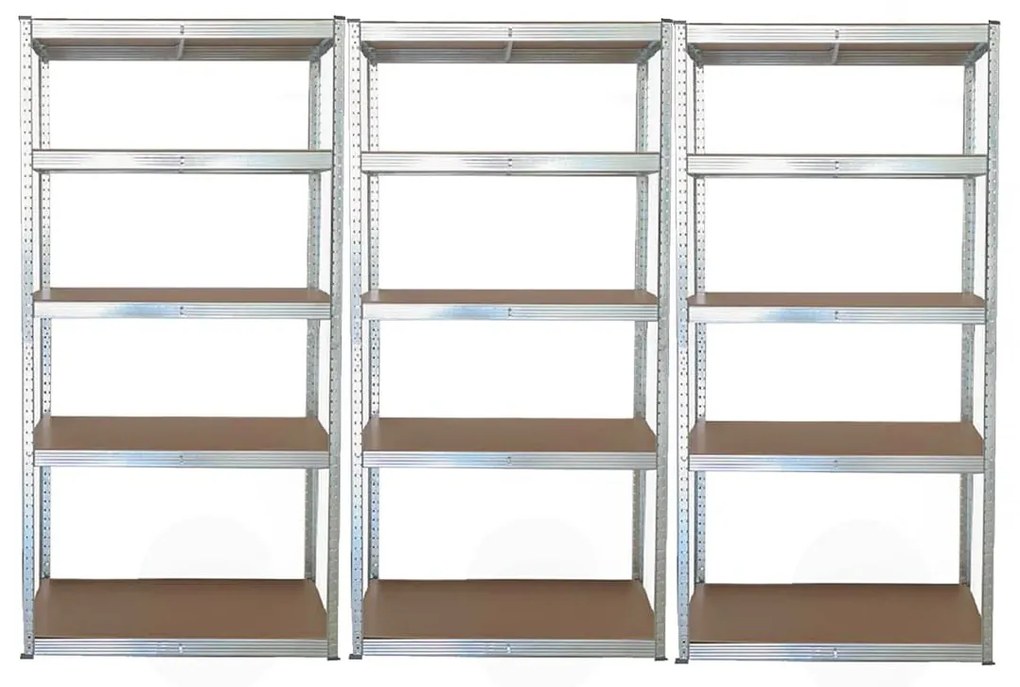 Pack 3x Stabil S, bezskrutkový kovový regál s HDF policou, 180x90x40 cm, 5 políc, 175kg na policu, zinok