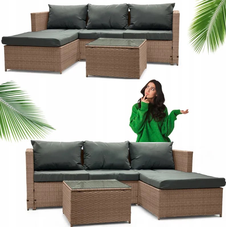 Svetlohnedá ratanová súprava so stolíkom a sivými vankúšmi