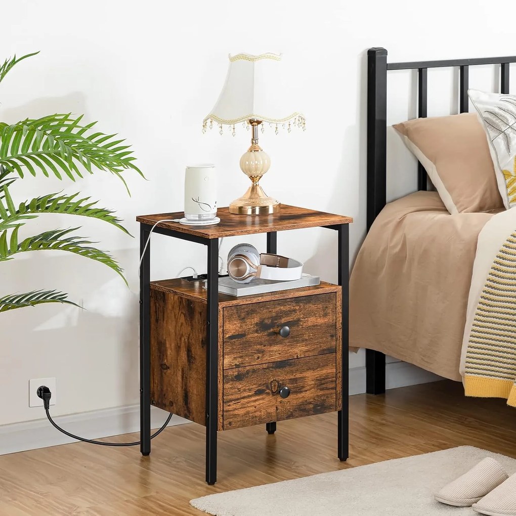 Noční stolek Vasagle Jungo 40 cm s nabíjecí stanicí hnědý/černý