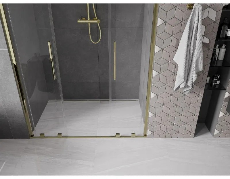 Mexen Velar Duo, posuvné dvere do otvoru 160x200 cm, 8mm číre sklo, zlatá lesklá, 871-160-000-02-50