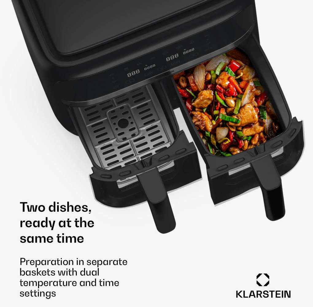 Klarstein VitaFry Duo Skylight, teplovzdušná fritéza, 2850 W, 7,6 l, 2 varné zóny, 6 programov