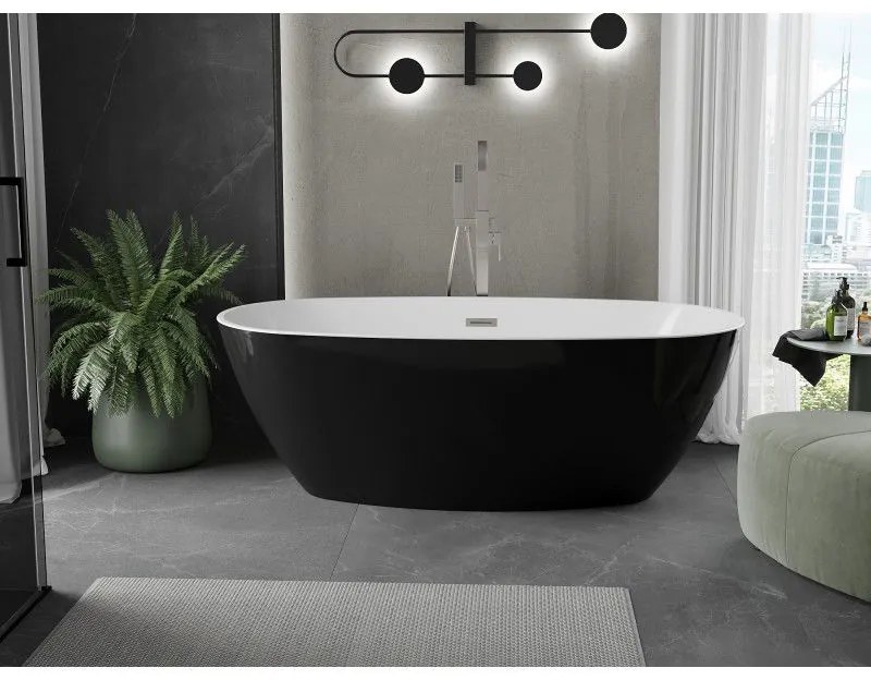 Mexen Eris, voľne stojaca vaňa 170 x 80 cm, biela-čierna, brúsená oceľ prepad, 53441708075-97