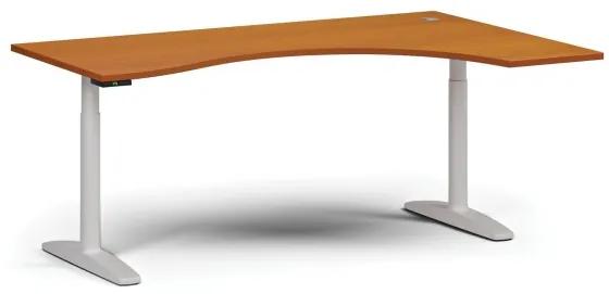 Výškovo nastaviteľný stôl OBOL, elektrický, 675-1325 mm, ergonomický pravý, doska 1800x1200 mm, biela zaoblená podnož, čerešňa