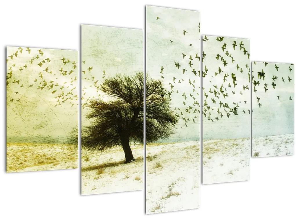 Obraz - Maľovaný kŕdeľ vtákov (150x105 cm)