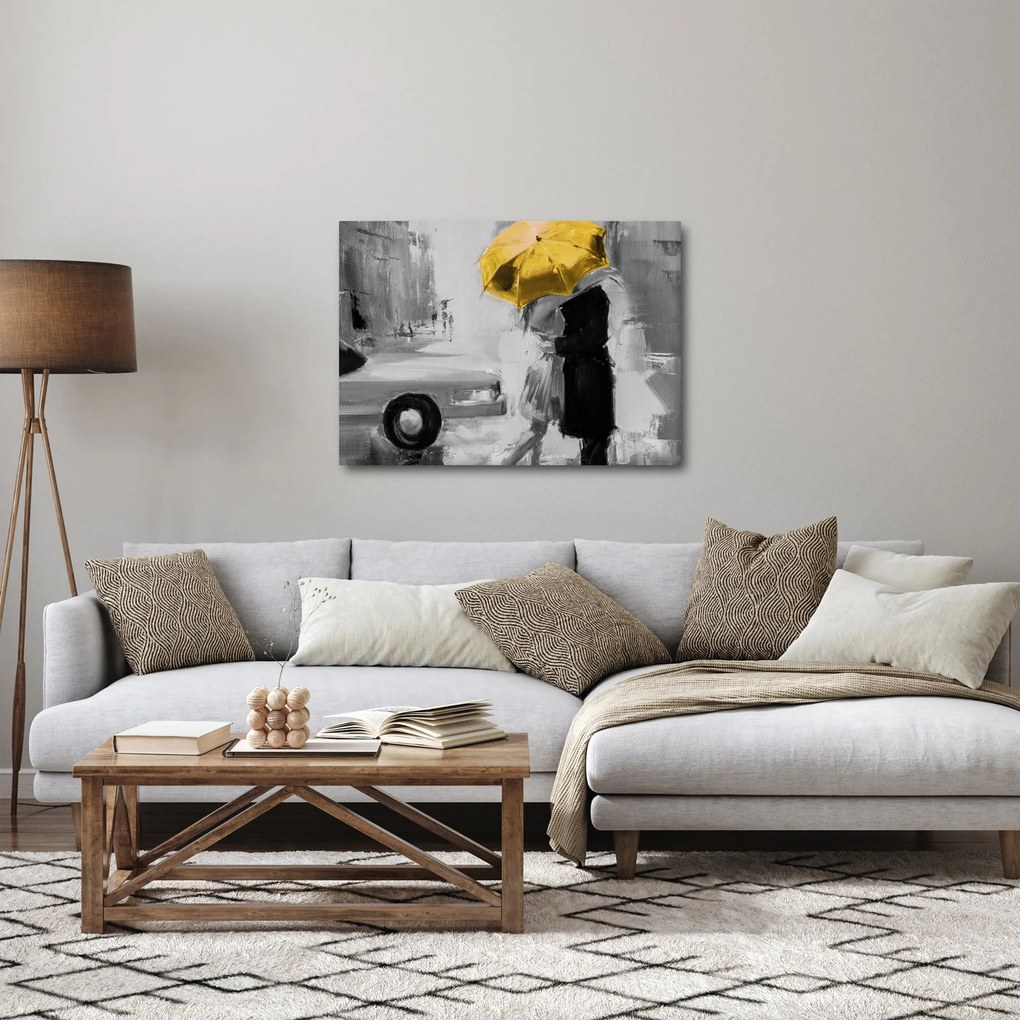 Obraz - Zamilovaný pár pod dáždnikom, žltý (70x50 cm)