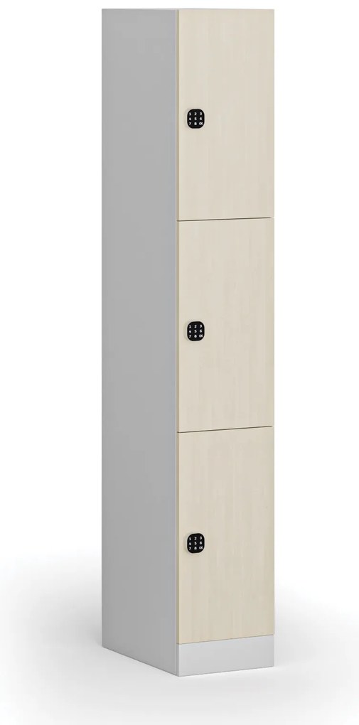 Šatníková skrinka S1 s úložnými boxmi, 3 boxy, 1850 x 300 x 500 mm, kódový zámok, laminované dvere, breza