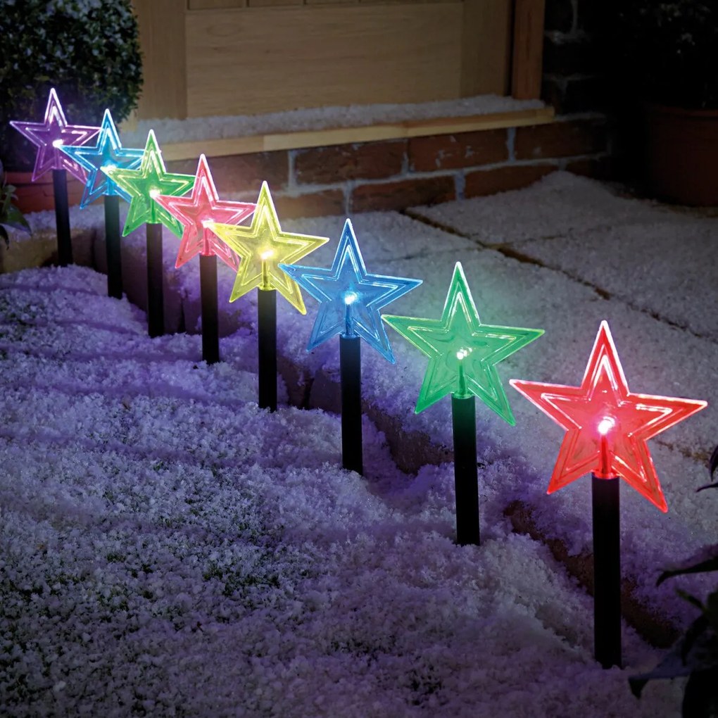 8 farebných hviezd so zápichom Výška každého kusu 35 cm. Vzdialenosť 35 cm, prívodný kábel 1 m.