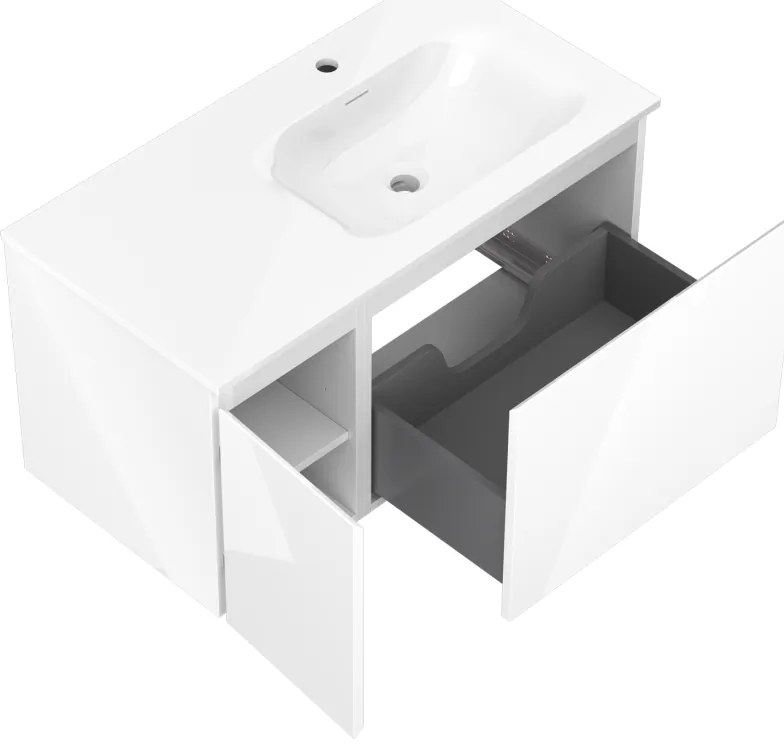 Mexen Orio, kúpeľňová skrinka 90 cm s pravým umývadlom Vela, 1S, 1D, biela lesklá, 91A13-09047-3-BBFF00-W23P00