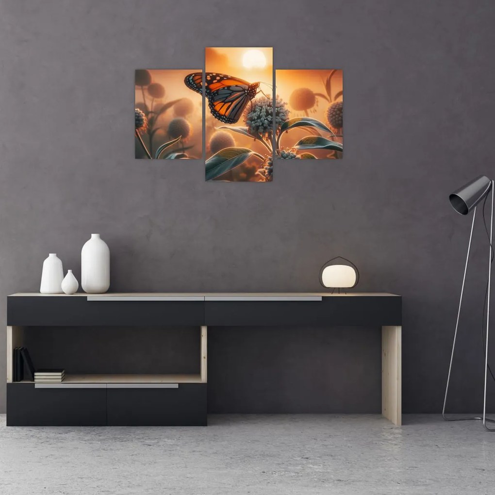 Obraz – Motýľ v zapadajúcom slnku (90x60 cm)