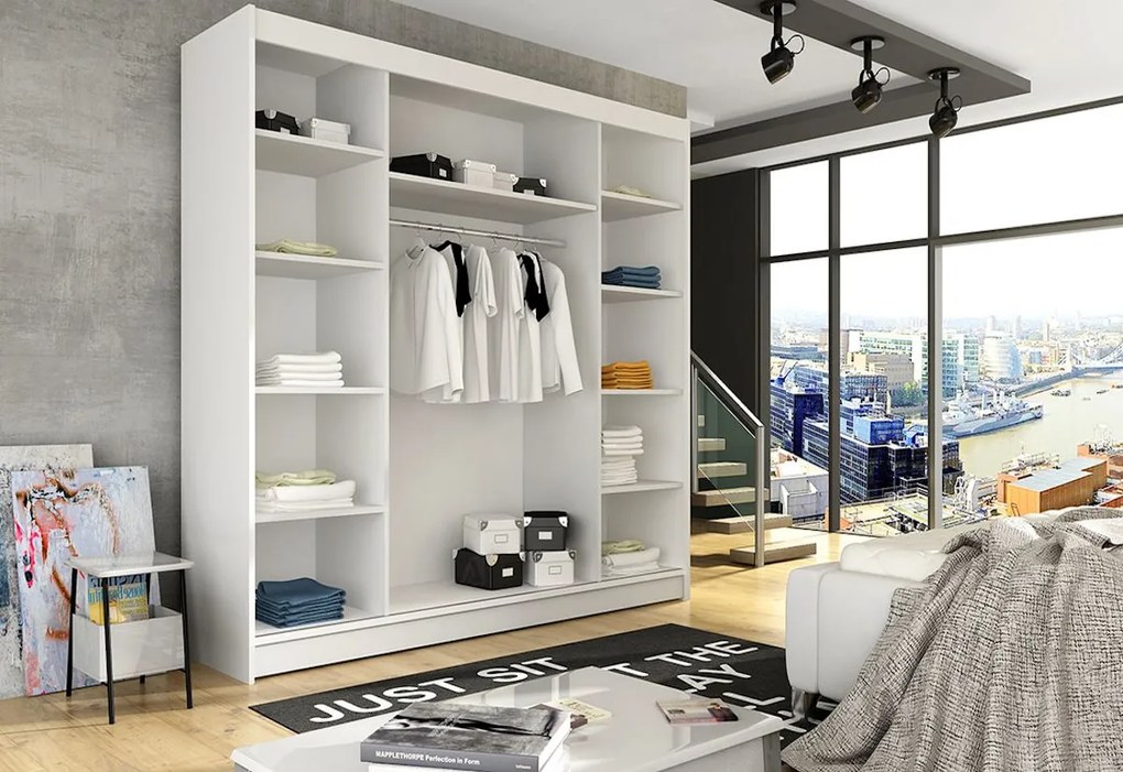 Posuvná šatníková skriňa LUKAS so zrkadlom, 250x215x58, biela mat