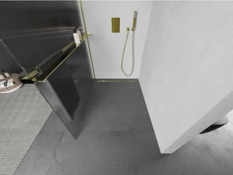 Mexen Kioto+ L, sprchová zástena Walk-In s poličkou a vešiakom 90 x 200 cm, 8mm sklo s rebrovým vzorom, zlatý lesklý profil,800-090-123-50-09