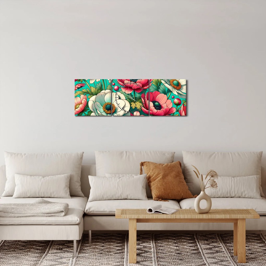 Obraz - Kvety na modrom pozadí (s hodinami) (90x30 cm)