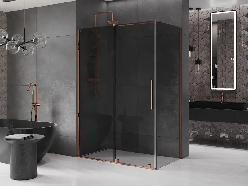 Mexen Velar, sprchový kút s posuvnými dverami 150 x 90 cm, 8mm šedé sklo, ružové zlato, 871-150-090-41-60