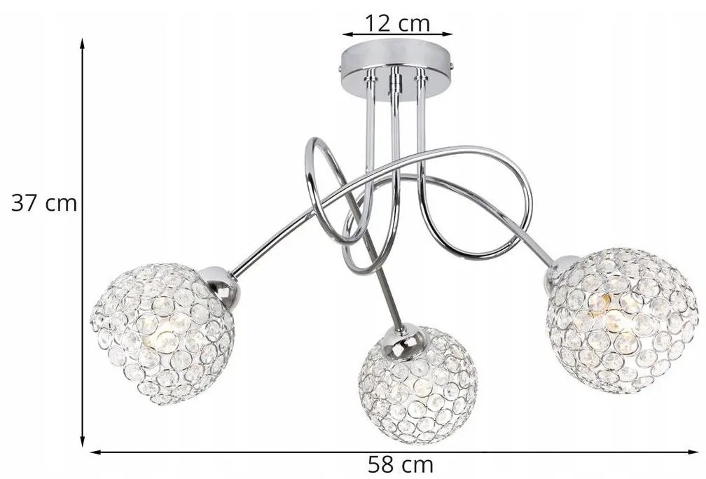 Stropné svietidlo Crystal, 3x strieborné krištáľové tienidlo, ch