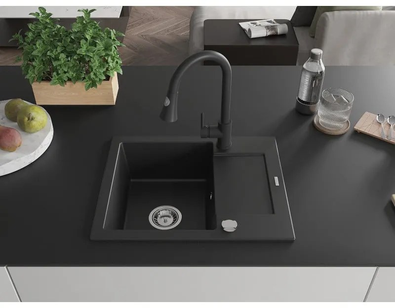 Mexen Enzo, 1-komorový granitový drez 576x465x174 mm a drezová batéria Elia, čierna, 65066506-77-670101-70