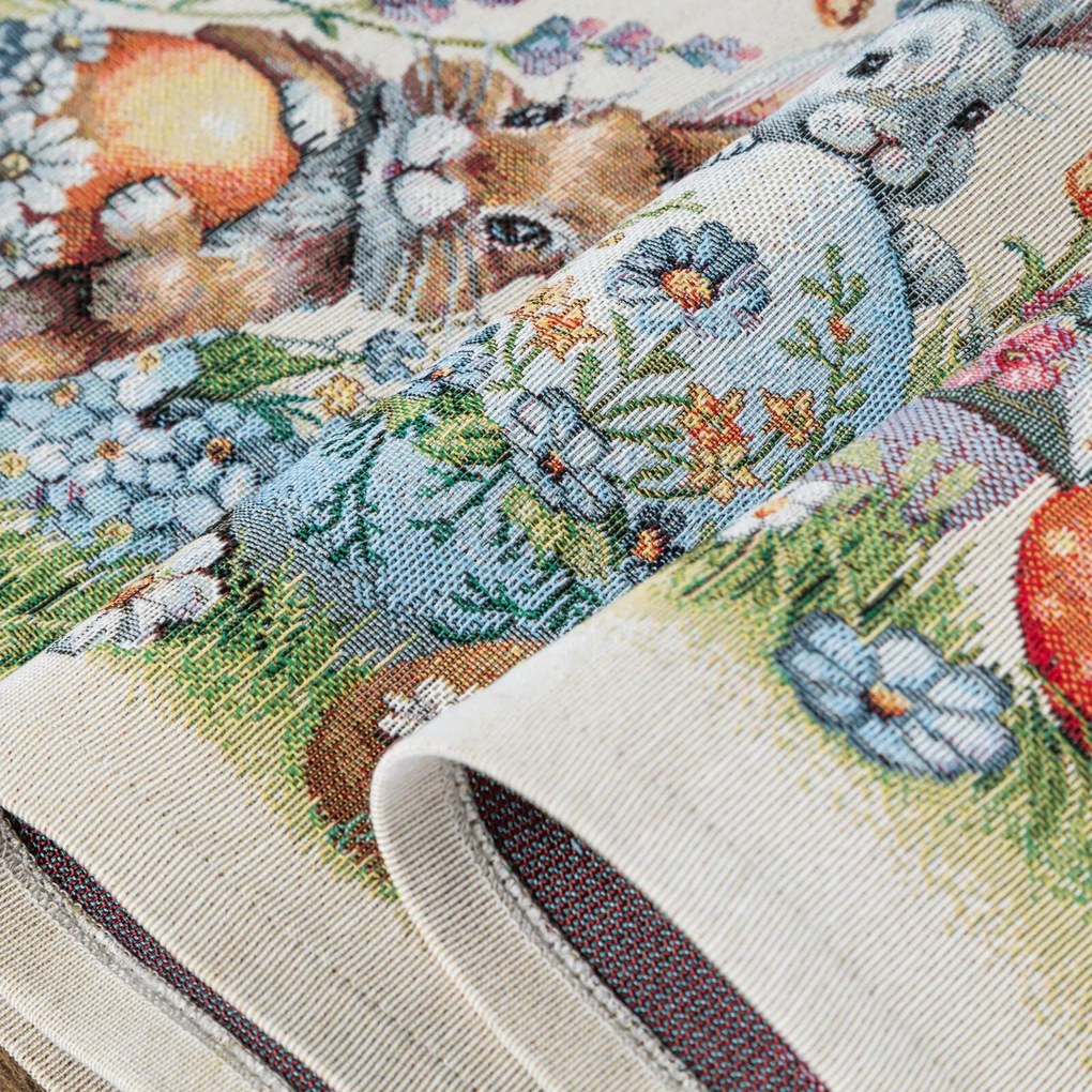 VEĽKONOČNÝ GOBELÍNOVÝ OBRUS BUNNY 140X180 CM VZOROVANÁ