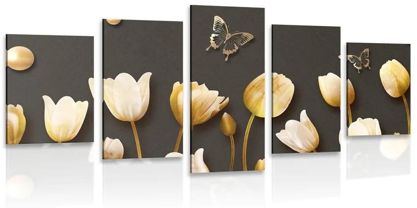 5-dielny obraz tulipány so zlatým motívom Varianta: 200x100