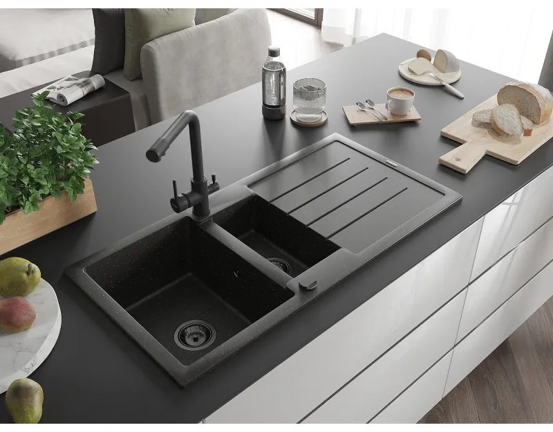 Mexen Andres, granitový drez 1000x500x200 mm, 1,5-komorový + čierna batéria Duero, čierna-zlatá metalíza, 6515-75-671600-70-B