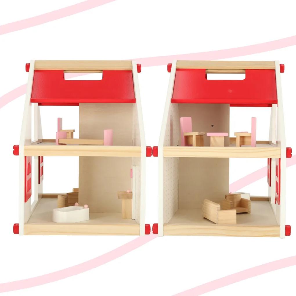 KIK Drevený domček pre bábiky bielo-ružový + nábytok 36cm