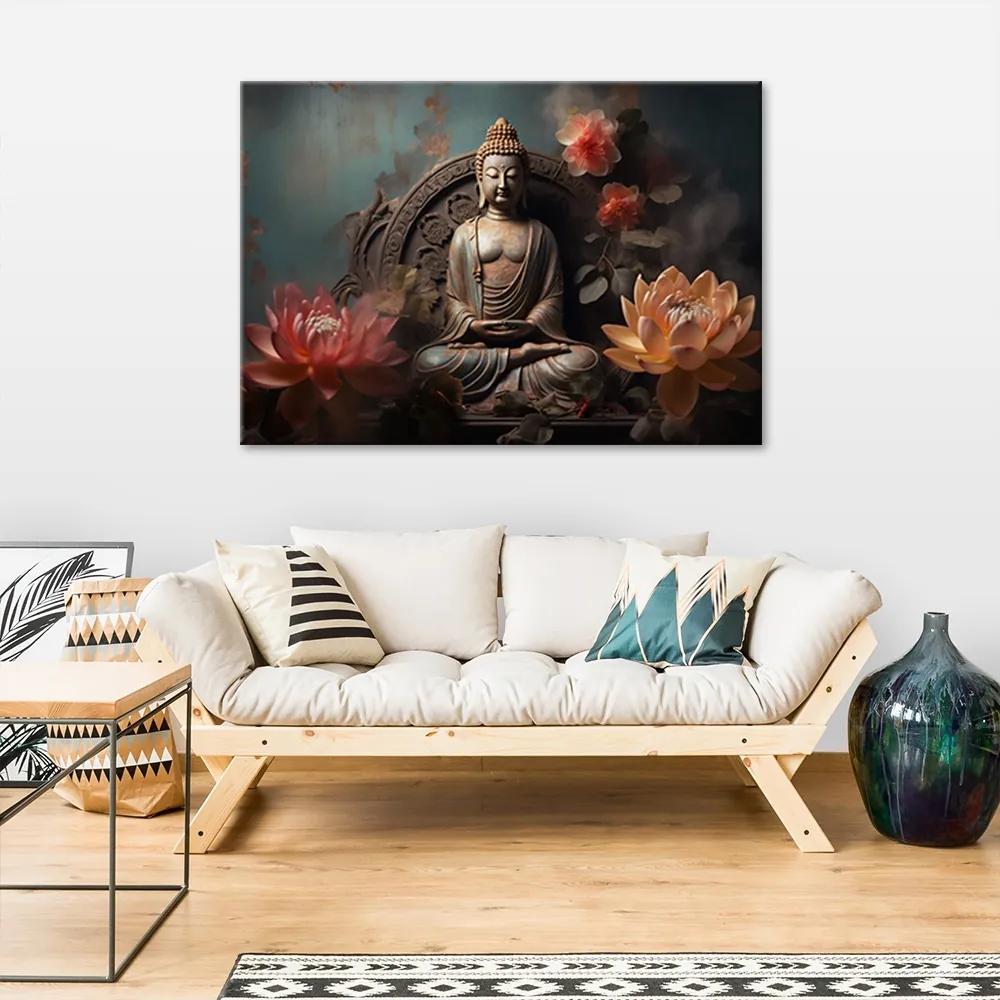 Obraz na plátně, buddha lotosový květ socha zen - 60x40 cm
