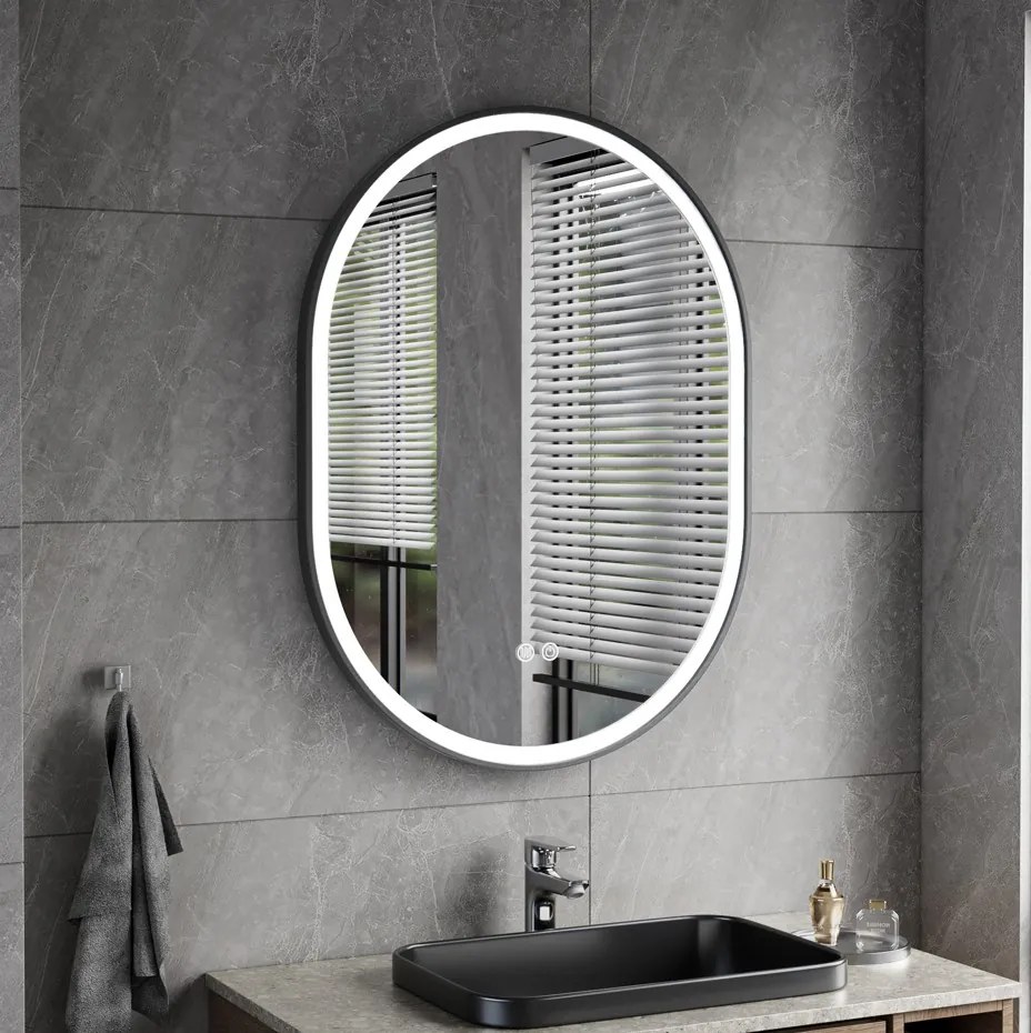 Erga Gwen, oválne LED zrkadlo 60x80cm v čiernom kovovom ráme, 3 farby svetla, predné osvetlenie, vyhrievacia podložka proti zapareniu, ERG-V01-GWEN-6080-BK