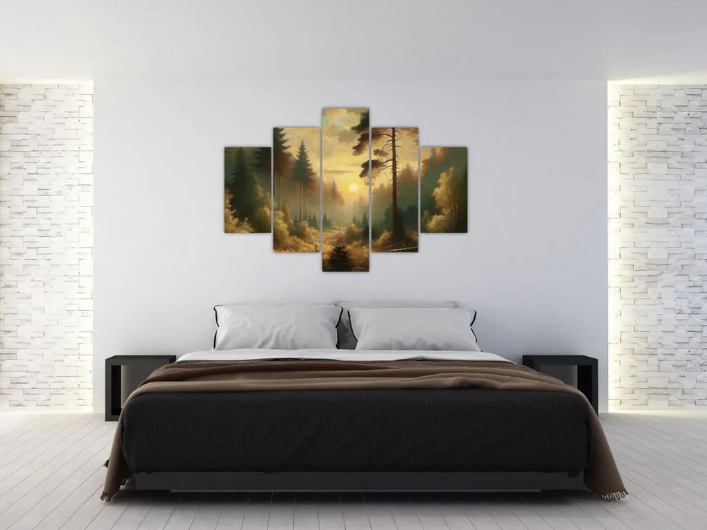 Obraz - Slnko žiariace lesom (150x105 cm)