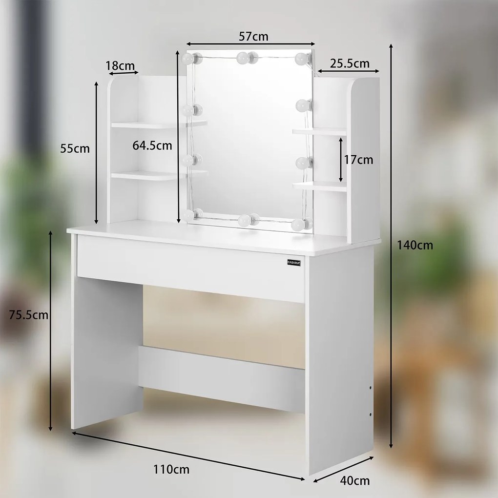 InternetovaZahrada Toaletný stolík Lucia s LED osvetlením 140x110x40 cm - biely