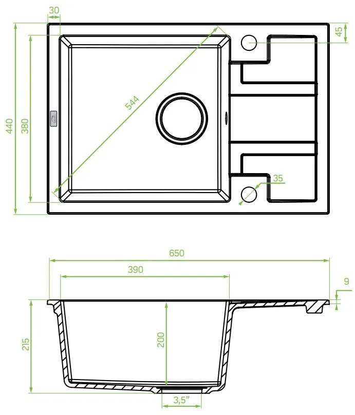 Laveo Barbados, 1-komorový granitový drez 650x440x215 mm, čierna škvrnitá, LAV-SBB_713T