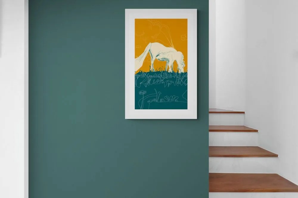 Plagát s paspartou kôň na lúke - 20x30 black