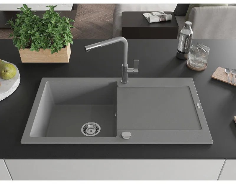 Mexen Leo, 1-komorový granitový drez 900x500x190 mm a drezová batéria Flora, šedá, 6501-71-670401-06