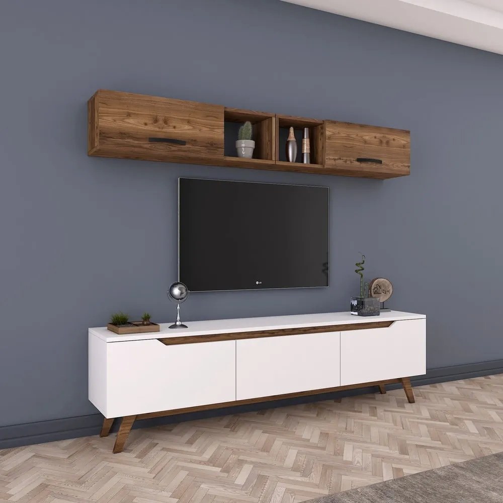 Set bieleho TV stolíka a nástennej skrinky v dekore orechového dreva Rani