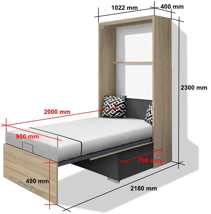 Nabytekmorava Sklápacia posteľ s pohovkou VS 21058P 200x90 farba pohovky: Červená, Typ farebného prevedenia: Agát / dvere biele