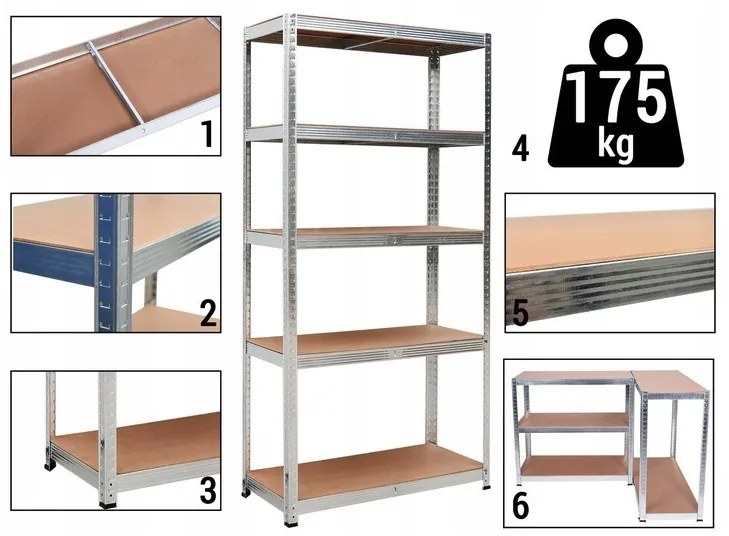 Stabilný kovový úložný regál s 5 policami 180x90x30