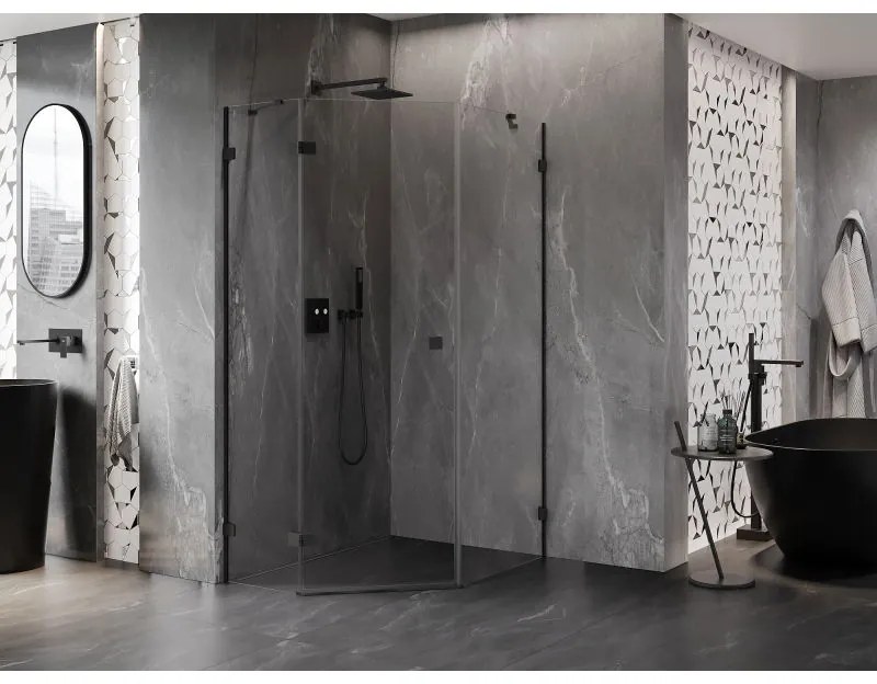 Mexen Lunar, Päťuholníkový sprchový kút Mexen Lunar s výklopným ľavým oknom 80 x 100 cm, 8mm číre sklo, čierny profil, 831-080L-100P-70-00-L
