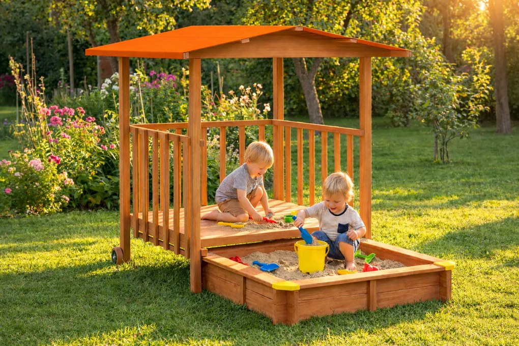 Pieskovisko s verandou SUNNY, 130x130x143cm, hnedá/oranžová Jurhan