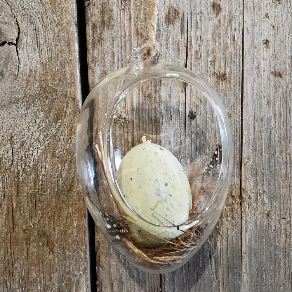 sklenené vajíčko na zavesenie, číre s dekoráciou 9x6x6 cm